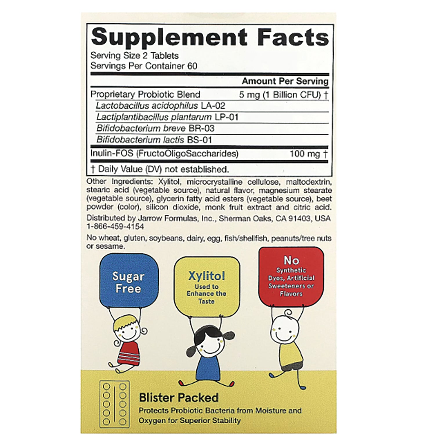 JR351 | back label showing Supplement Facts panel, ingredient list, and child illustrations with Sugar Free, Xylitol, No Synthetic Dyes callouts