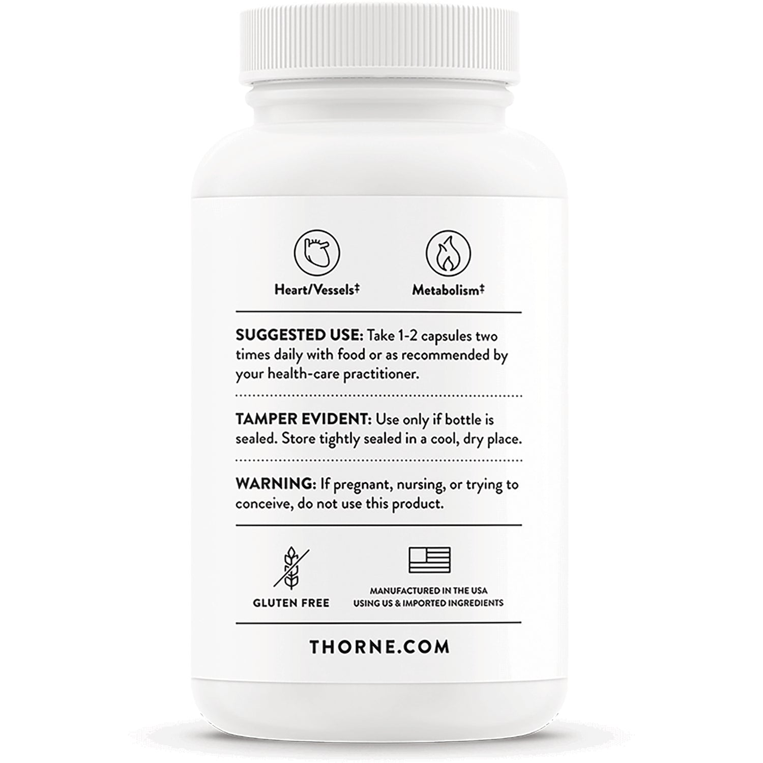 TRN014 | Back label of Thorne supplement bottle with suggested use, warnings, gluten free icon, and THORNE.COM