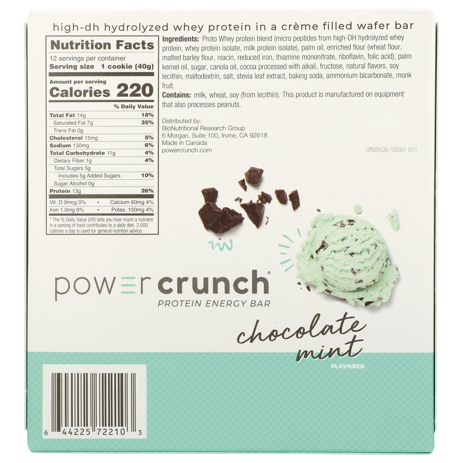 BNR011 | Back of Power Crunch chocolate mint protein energy bar box showing Nutrition Facts panel, ingredients, and barcode