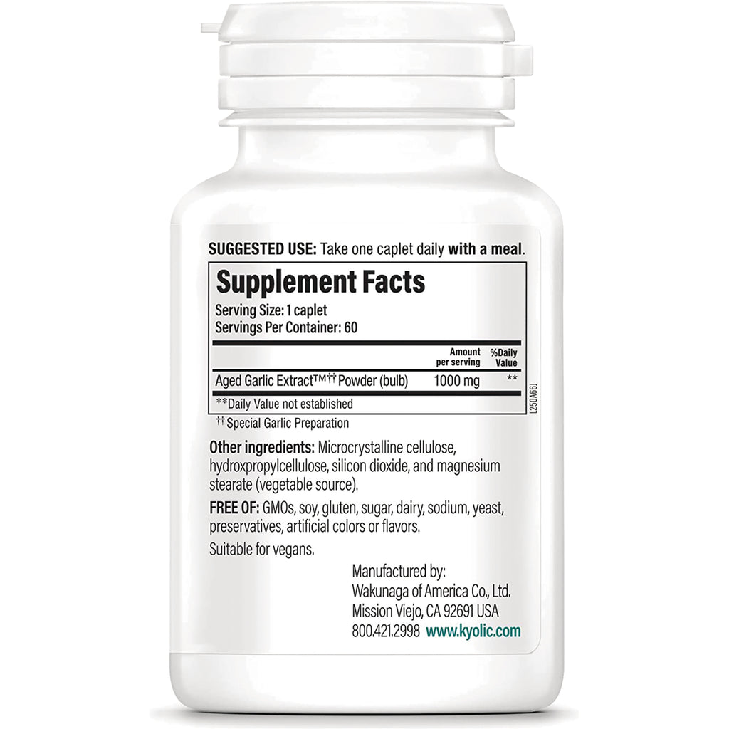 KY077 | Back label with Supplement Facts showing serving size 1 caplet, Aged Garlic Extract 1000 mg and other ingredients - Thumbnail
