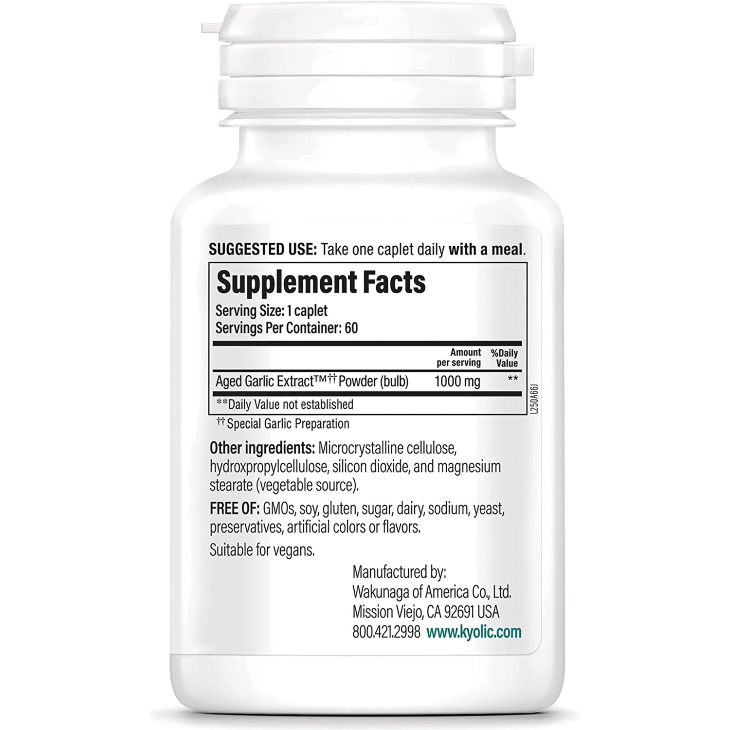 KY077 | Back label with Supplement Facts showing serving size 1 caplet, Aged Garlic Extract 1000 mg and other ingredients