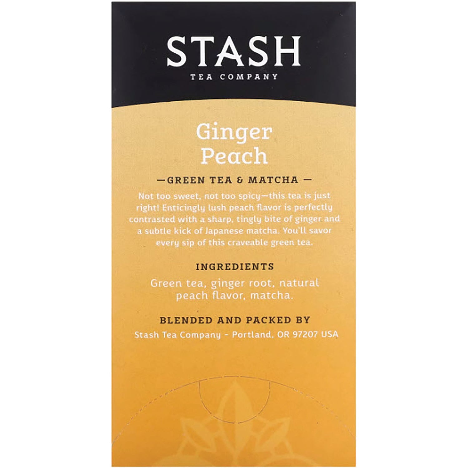 STH008 | Back of Stash Ginger Peach Green Tea & Matcha box with ingredients and company info