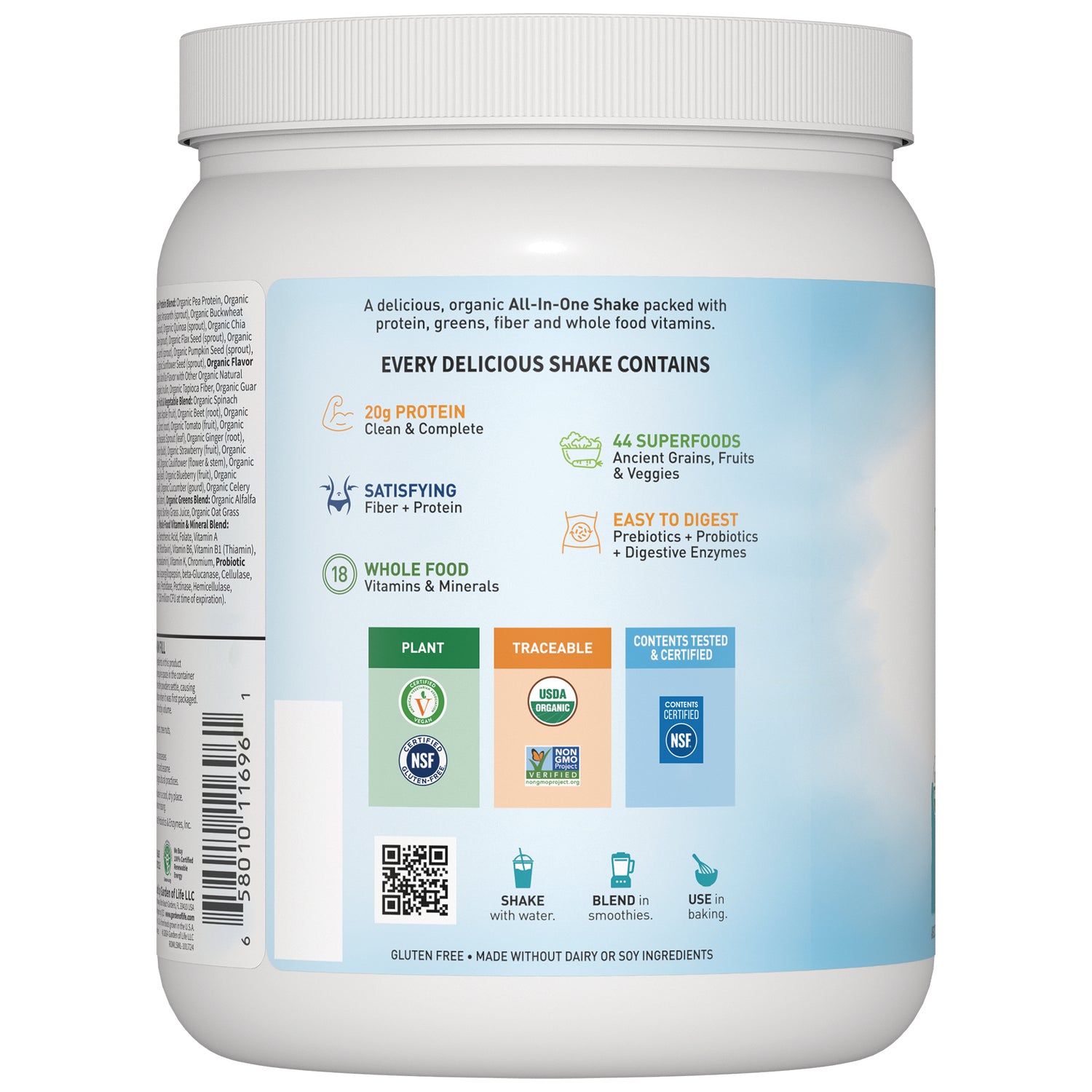 GLF159 | Back label of shake jar showing benefits like 20g protein, 44 superfoods, certification badges, QR code and usage icons