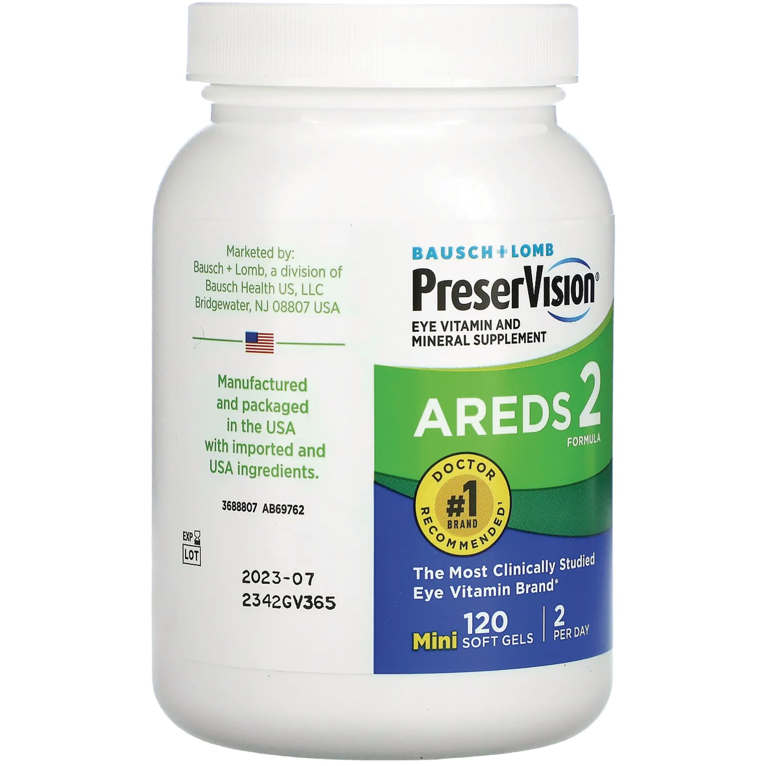 BNL025 | PreserVision AREDS2 supplement bottle showing 120 mini soft gels and doctor recommended seal