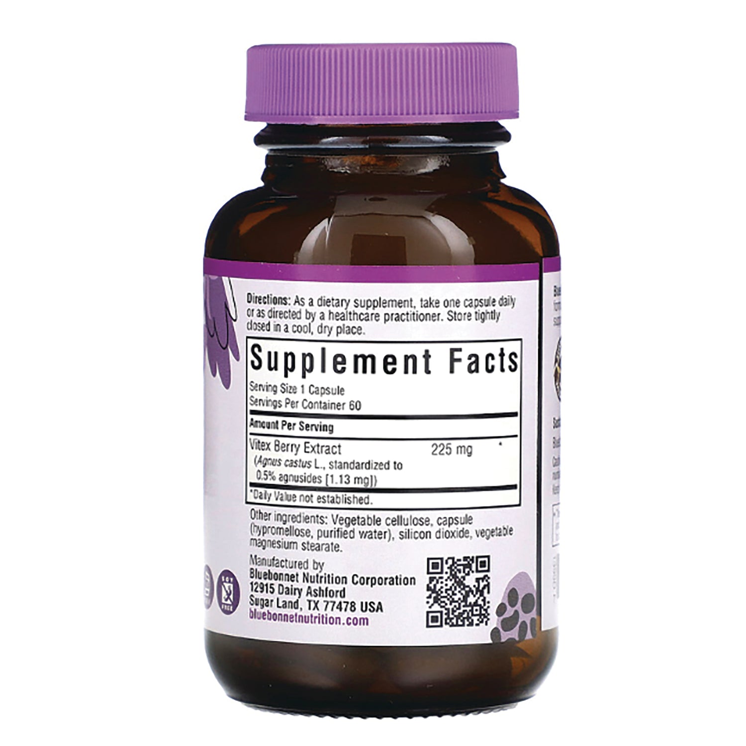 BLU131 | Back of brown supplement bottle showing Supplement Facts panel listing Vitex Berry Extract 225 mg, serving size 1 capsule, QR code