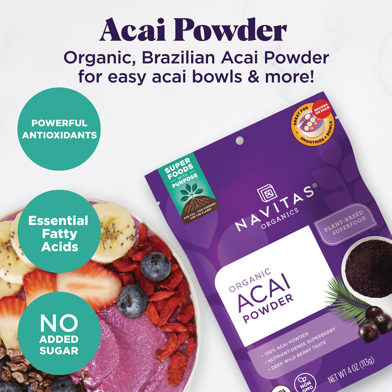 NAV038 | Navitas Organics acai powder pouch with acai bowl, berries, and product callouts