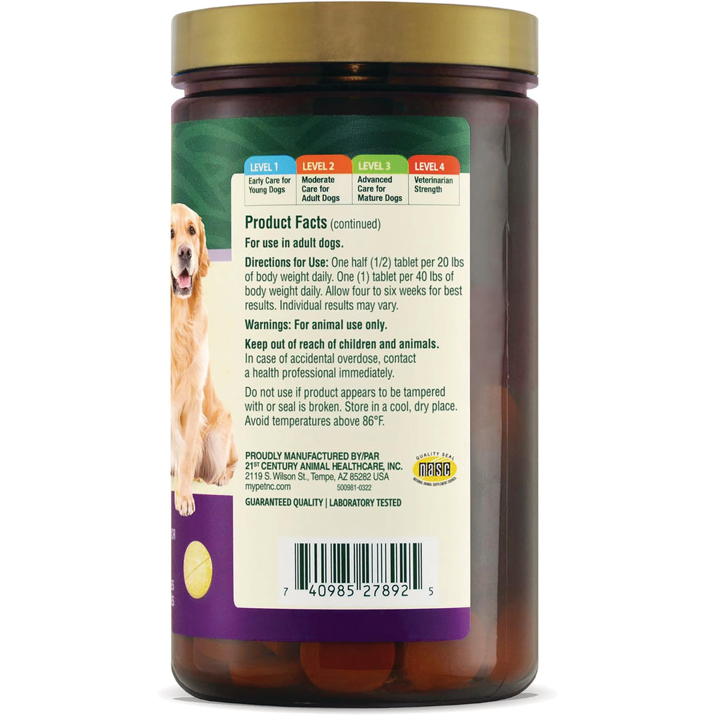 CNT273 | Back label showing product facts, directions, warnings, barcode and partial dog image on supplement bottle - Thumbnail