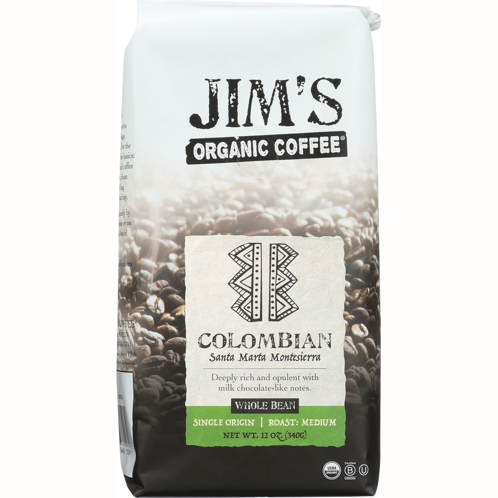 JOC001 | Jim's Organic Coffee Colombian whole bean bag, single origin medium roast, 12 oz - Thumbnail