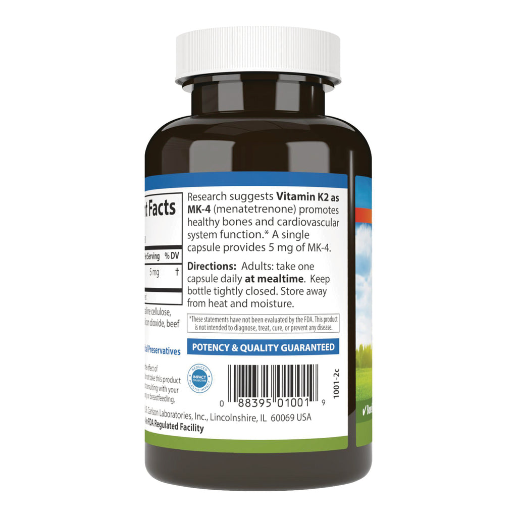 Bottle back label showing directions, Vitamin K2 MK-4 dosage text, potency & quality guaranteed panel and barcode - Thumbnail