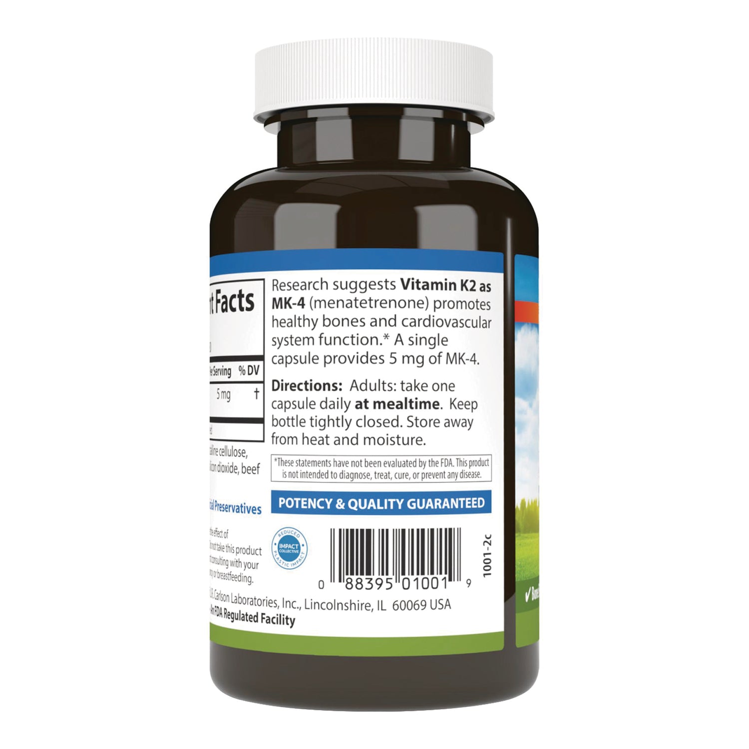 Bottle back label showing directions, Vitamin K2 MK-4 dosage text, potency & quality guaranteed panel and barcode