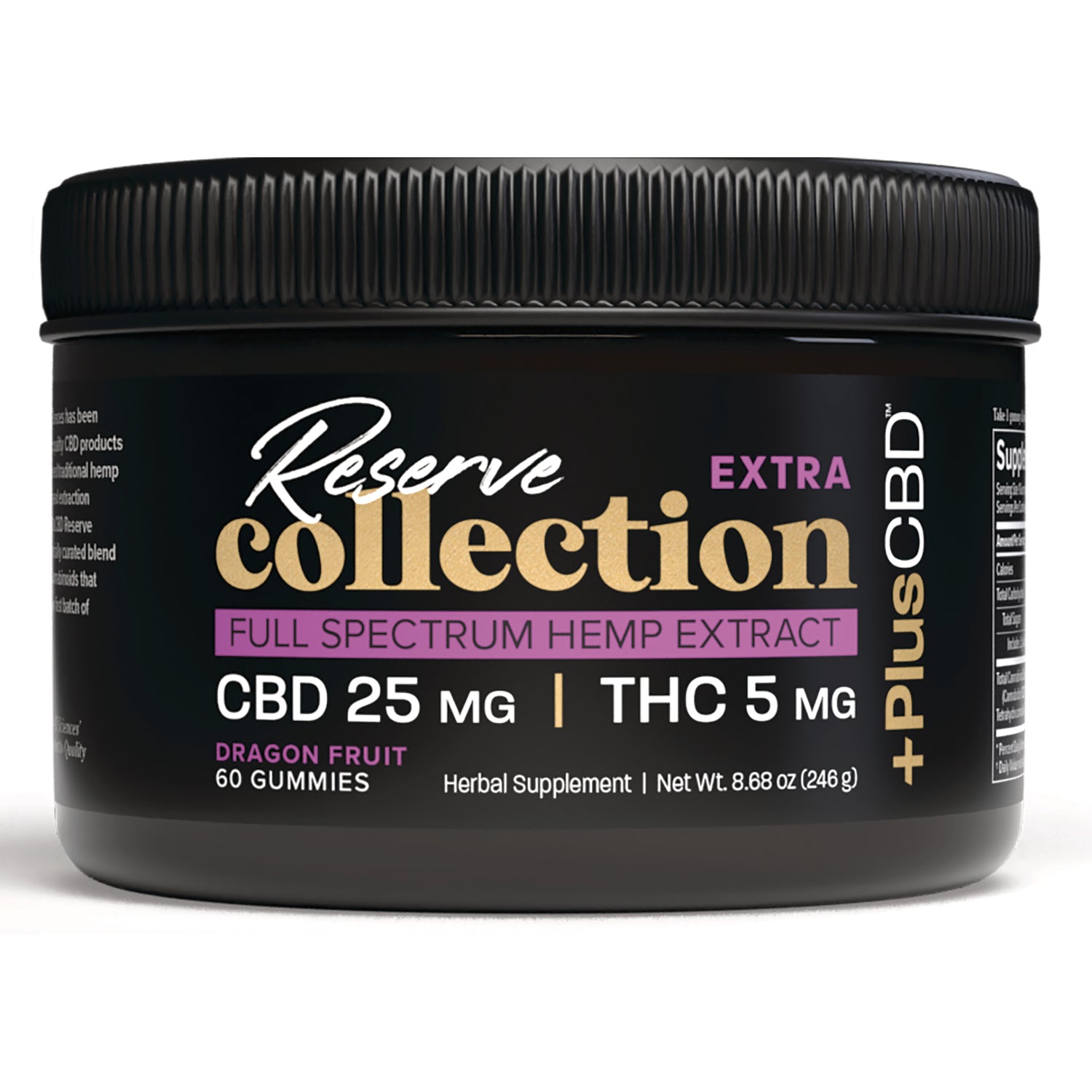 CV052 | Black jar labeled Reserve collection full spectrum hemp extract CBD 25 mg THC 5 mg dragon fruit 60 gummies
