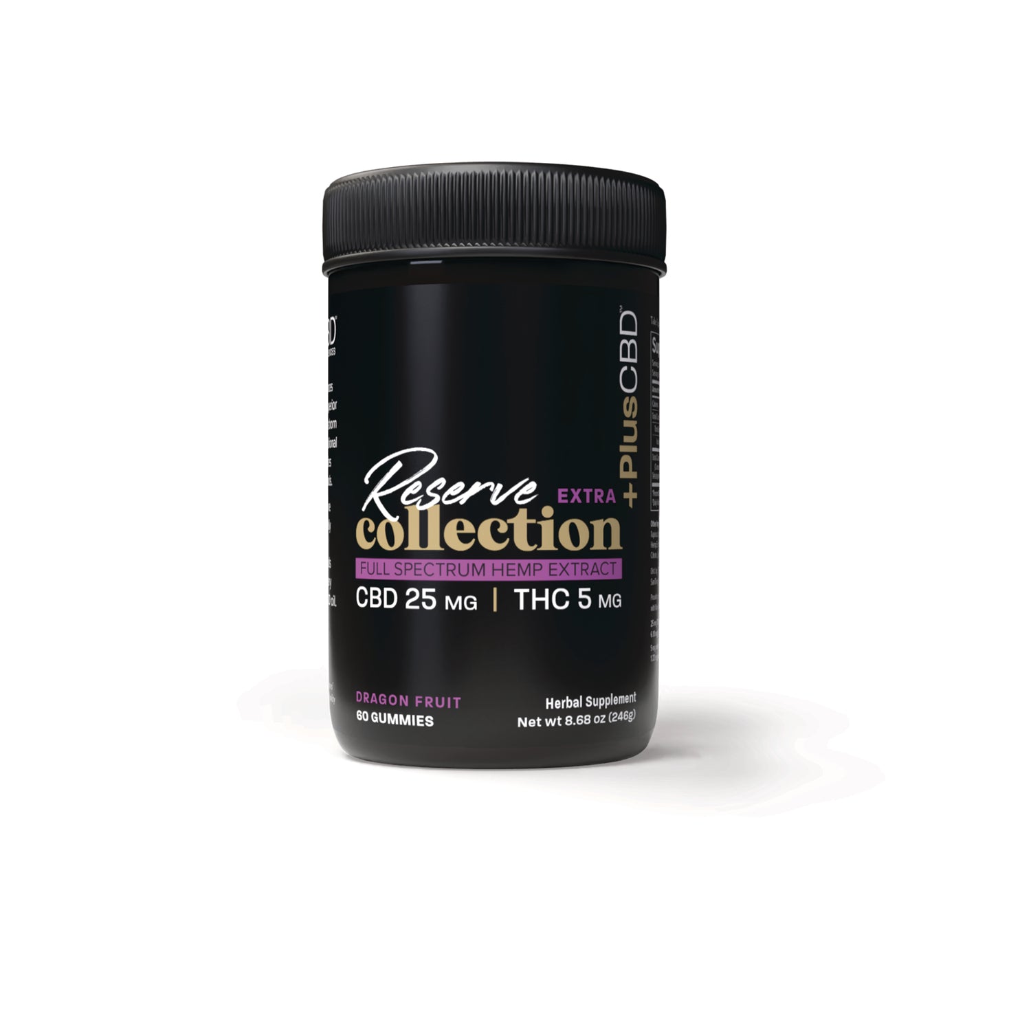 CV052 | Black jar labeled Reserve collection full spectrum hemp extract CBD 25 mg THC 5 mg dragon fruit 60 gummies