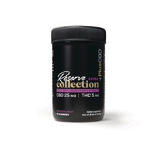 CV052 | Black jar labeled Reserve collection full spectrum hemp extract CBD 25 mg THC 5 mg dragon fruit 60 gummies