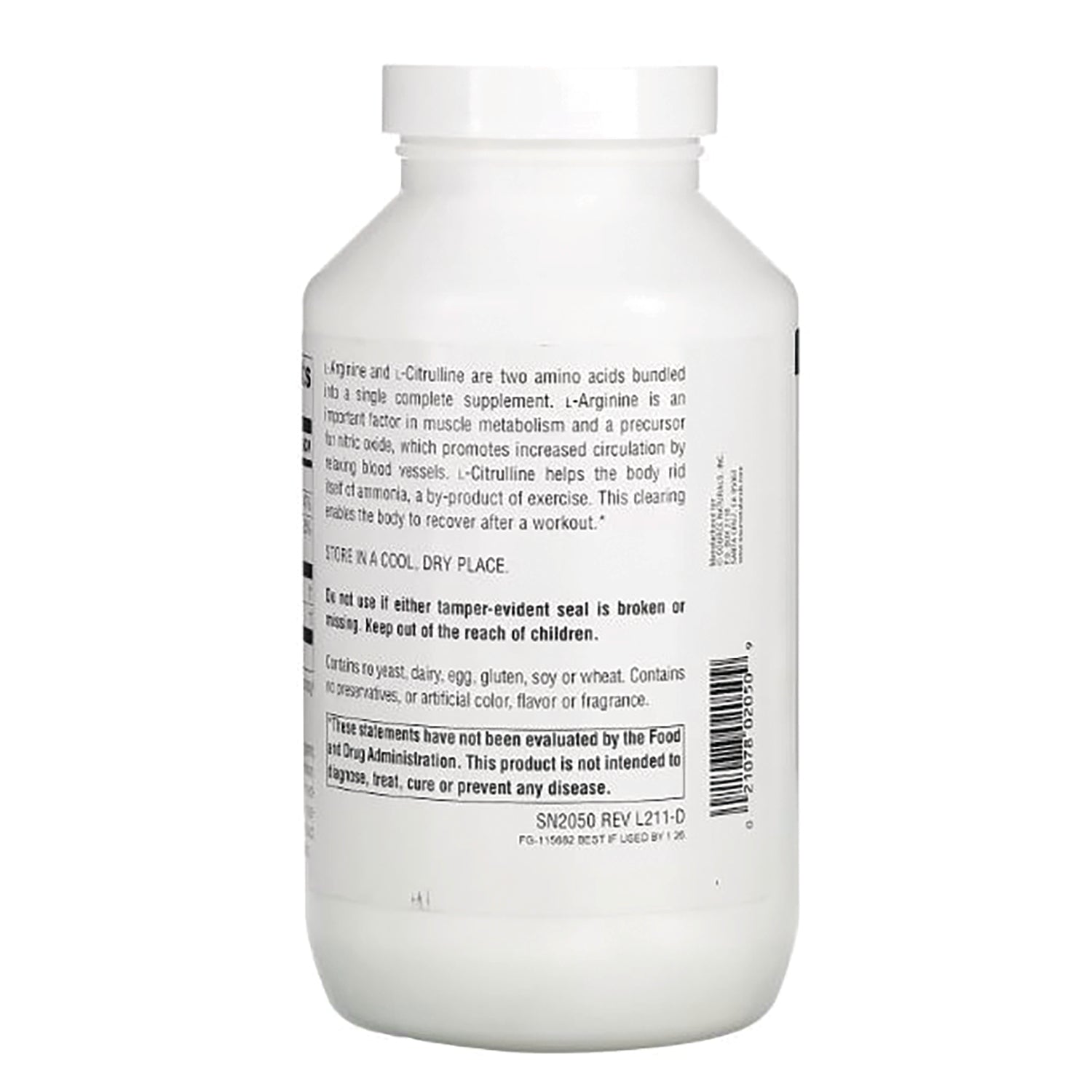SN244 | Back label of supplement bottle with directions, warnings, FDA disclaimer, and barcode
