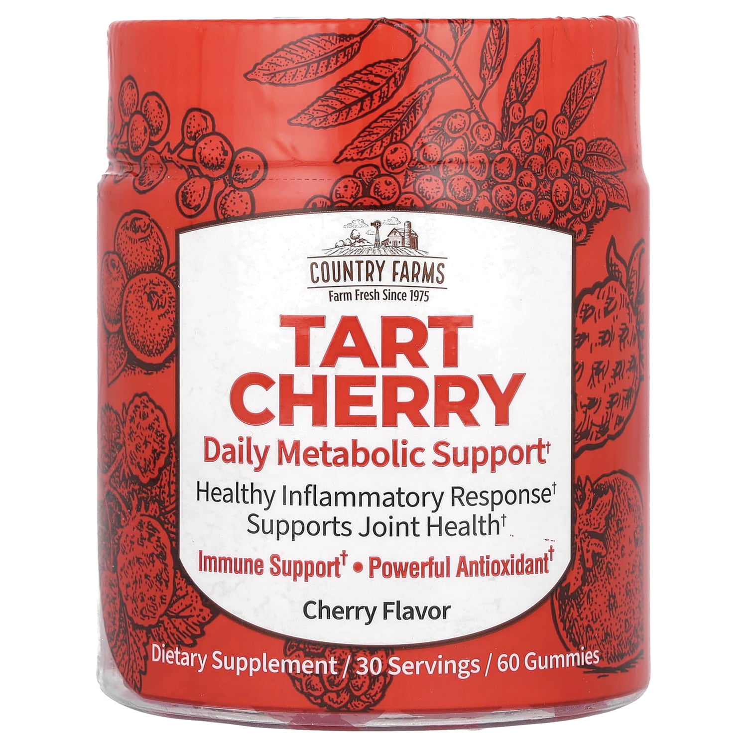 CFR025 | Country Farms Tart Cherry supplement jar front label, cherry flavor, 60 gummies