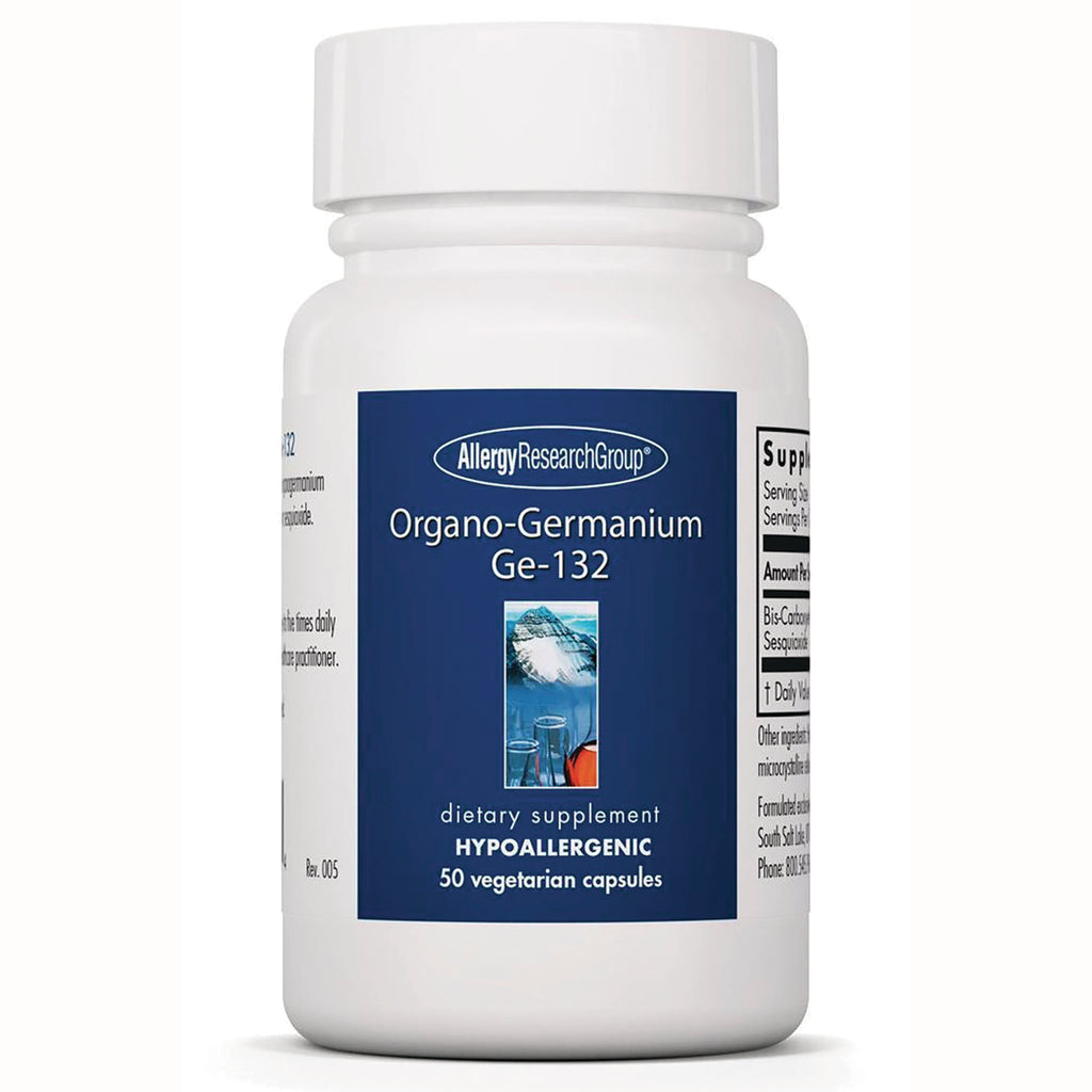 ARG052 | White supplement bottle with blue label reading Organo-Germanium Ge-132, hypoallergenic, 50 vegetarian capsules - Thumbnail