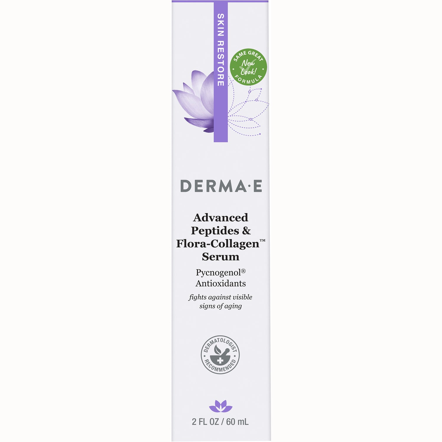DE083 | DERMA E Advanced Peptides & Flora-Collagen Serum front panel with lotus graphic and 2 FL OZ / 60 mL