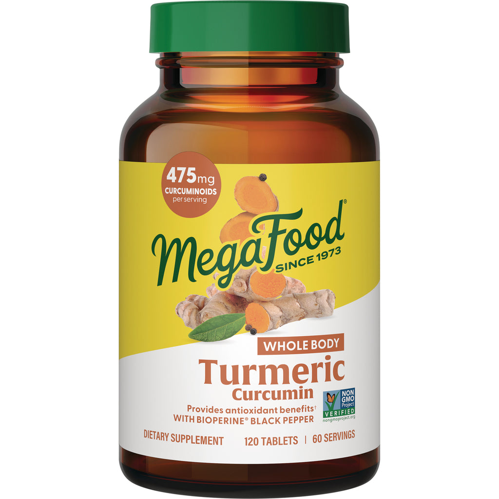 MGF049 | MegaFood Turmeric Curcumin amber bottle with green cap and yellow label reading MegaFood Whole Body Turmeric Curcumin - Thumbnail
