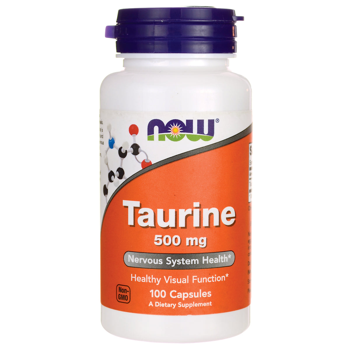 NWF102 | NOW Taurine 500 mg supplement bottle with orange label, 100 capsules