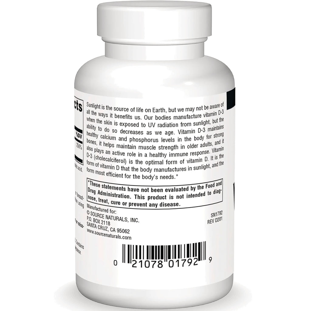 SN141 | Back label of Source Naturals Vitamin D-3 bottle with product information and barcode - Thumbnail