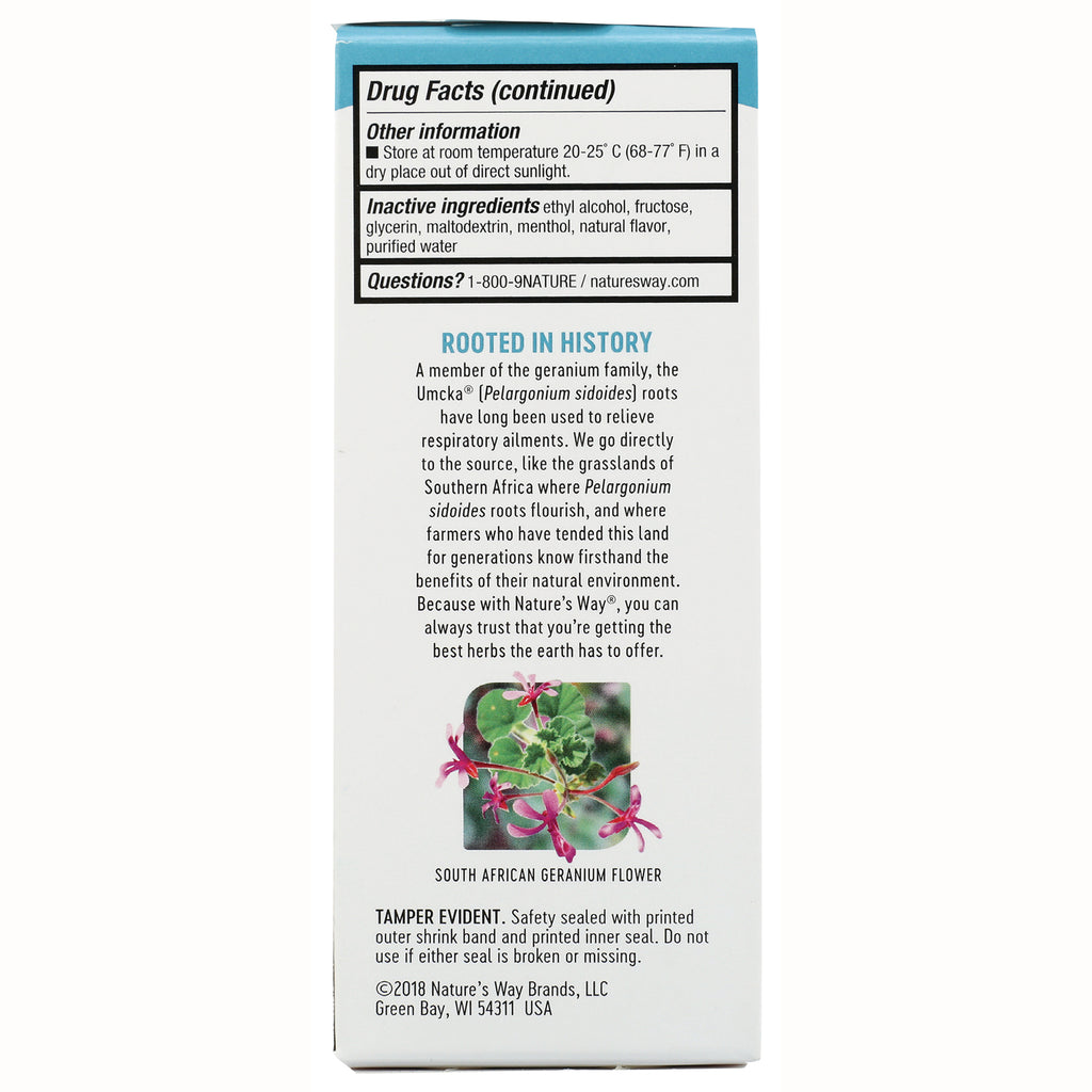 NW583 | Back panel of supplement box with Drug Facts, inactive ingredients, Rooted in History blurb and geranium flower photo - Thumbnail