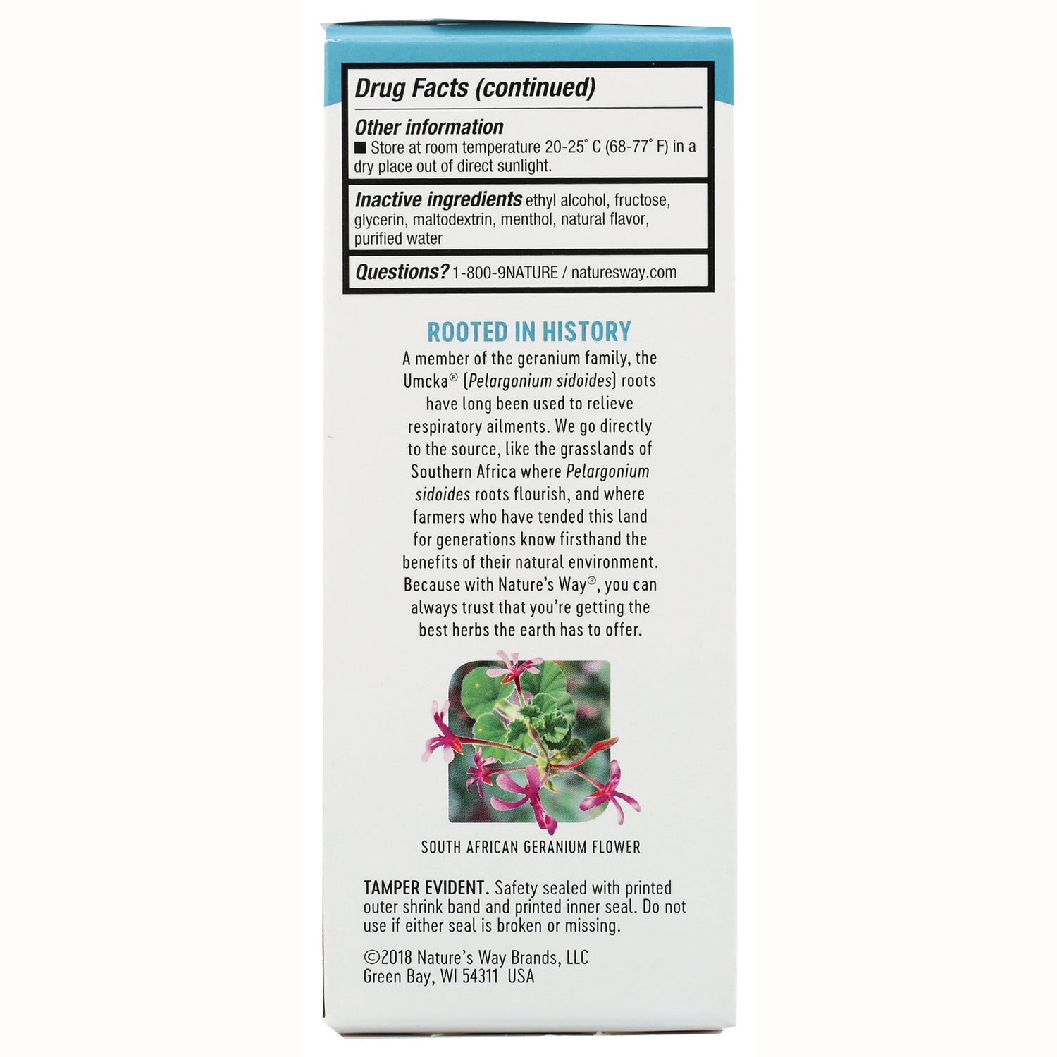 NW583 | Back panel of supplement box with Drug Facts, inactive ingredients, Rooted in History blurb and geranium flower photo