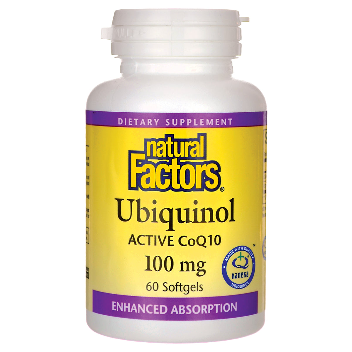 NFC129 | Natural Factors Ubiquinol Active CoQ10 100 mg bottle, 60 softgels front label showing enhanced absorption