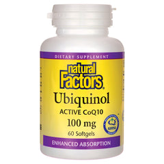 NFC129 | Natural Factors Ubiquinol Active CoQ10 100 mg bottle, 60 softgels front label showing enhanced absorption