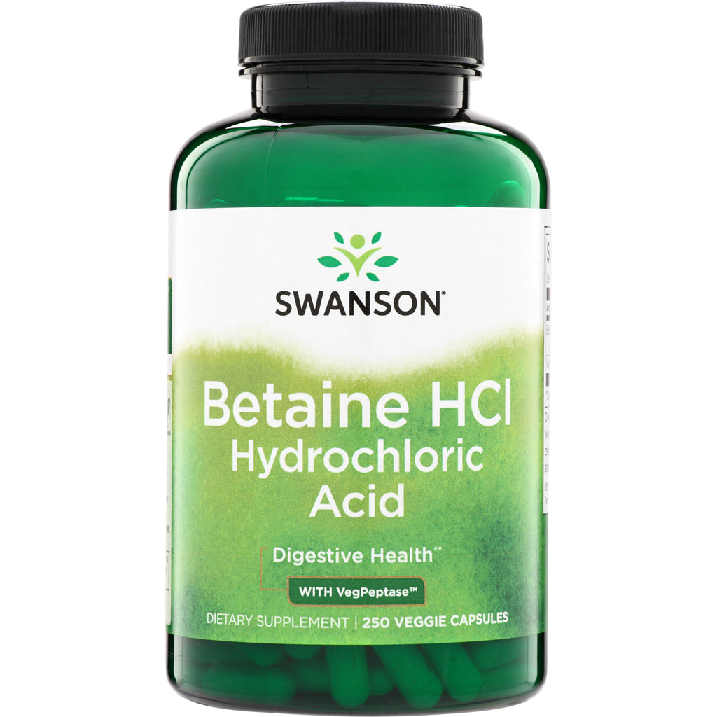 SW350 | Swanson Betaine HCl Hydrochloric Acid supplement, Digestive Health with VegPeptase, 250 veggie capsules - Thumbnail