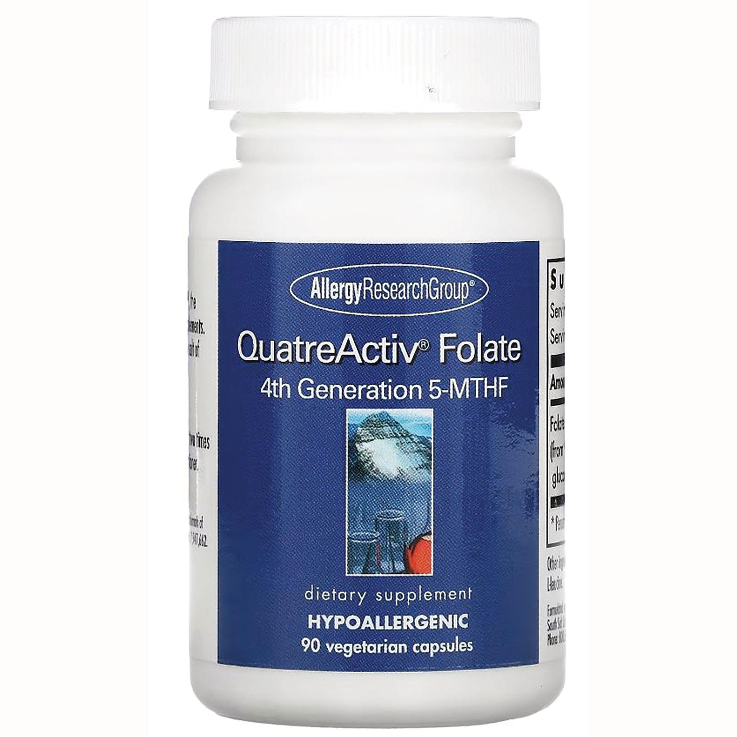ARG090 | QuatreActiv Folate bottle labeled 4th Generation 5-MTHF hypoallergenic 90 vegetarian capsules