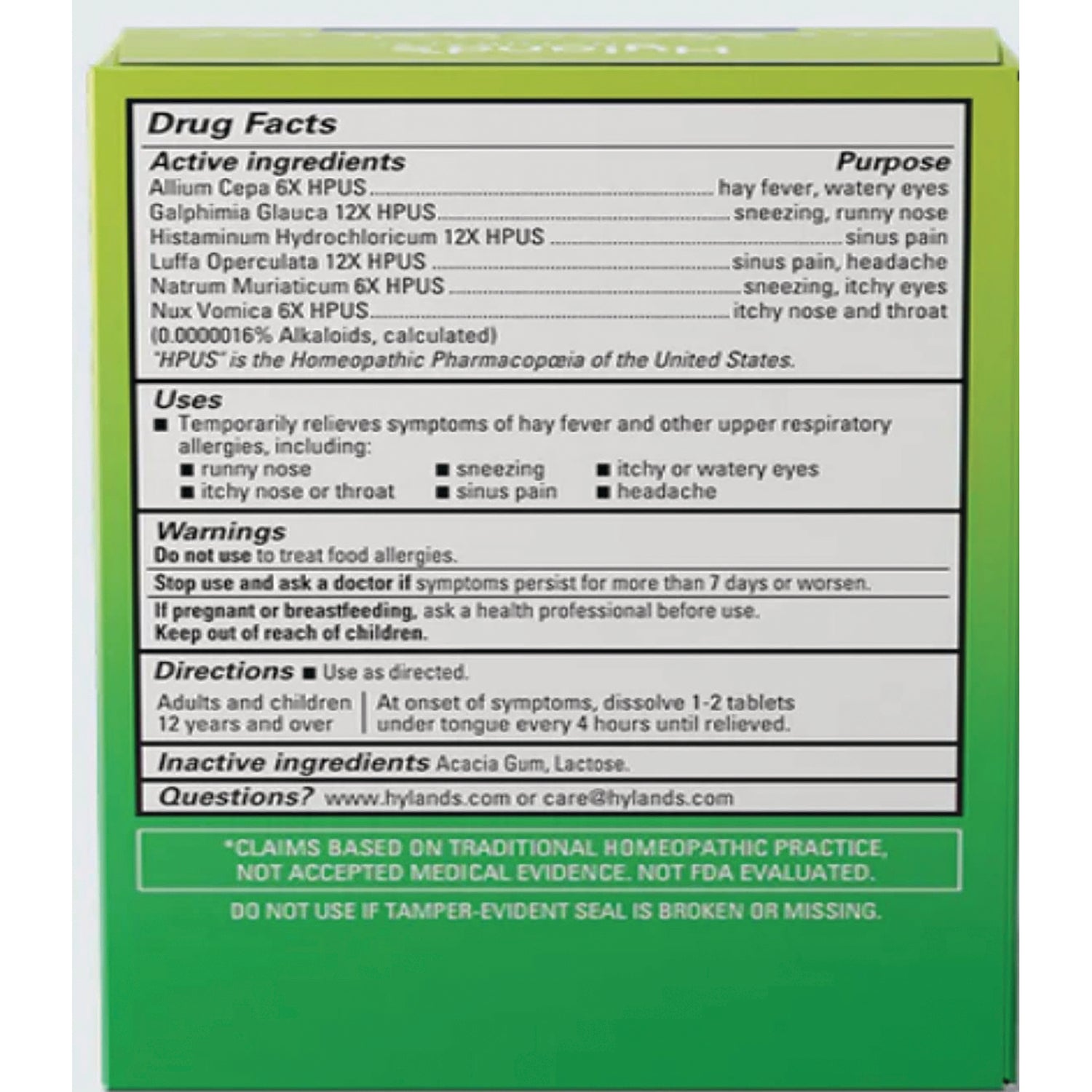 HY256 | back of green medicine box showing Drug Facts panel with active ingredients, uses, warnings, and directions