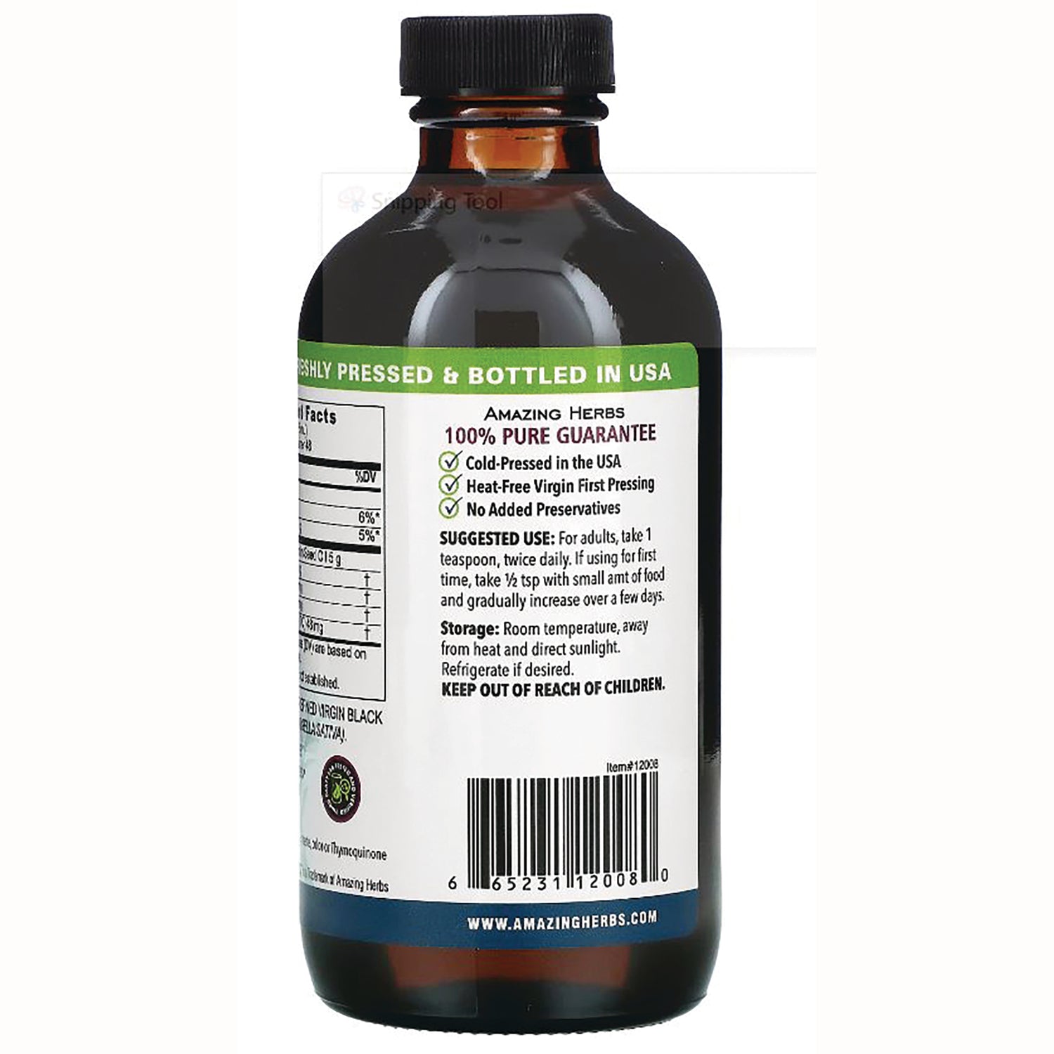 AZH005 | Back of amber bottle labeled Amazing Herbs 100% PURE GUARANTEE, suggested use, and barcode