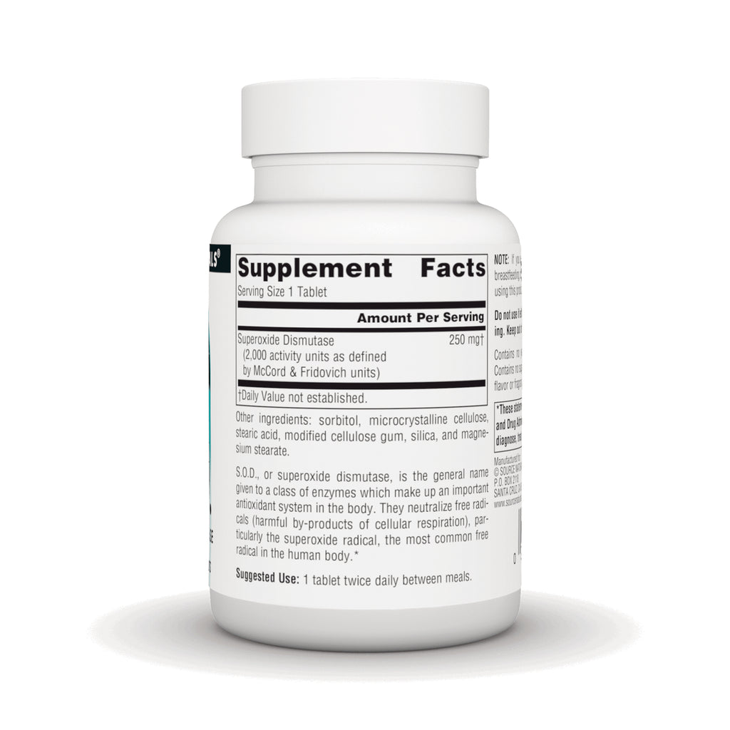 SN519 | Back label with Supplement Facts, ingredients, and suggested use for Superoxide Dismutase tablets - Thumbnail