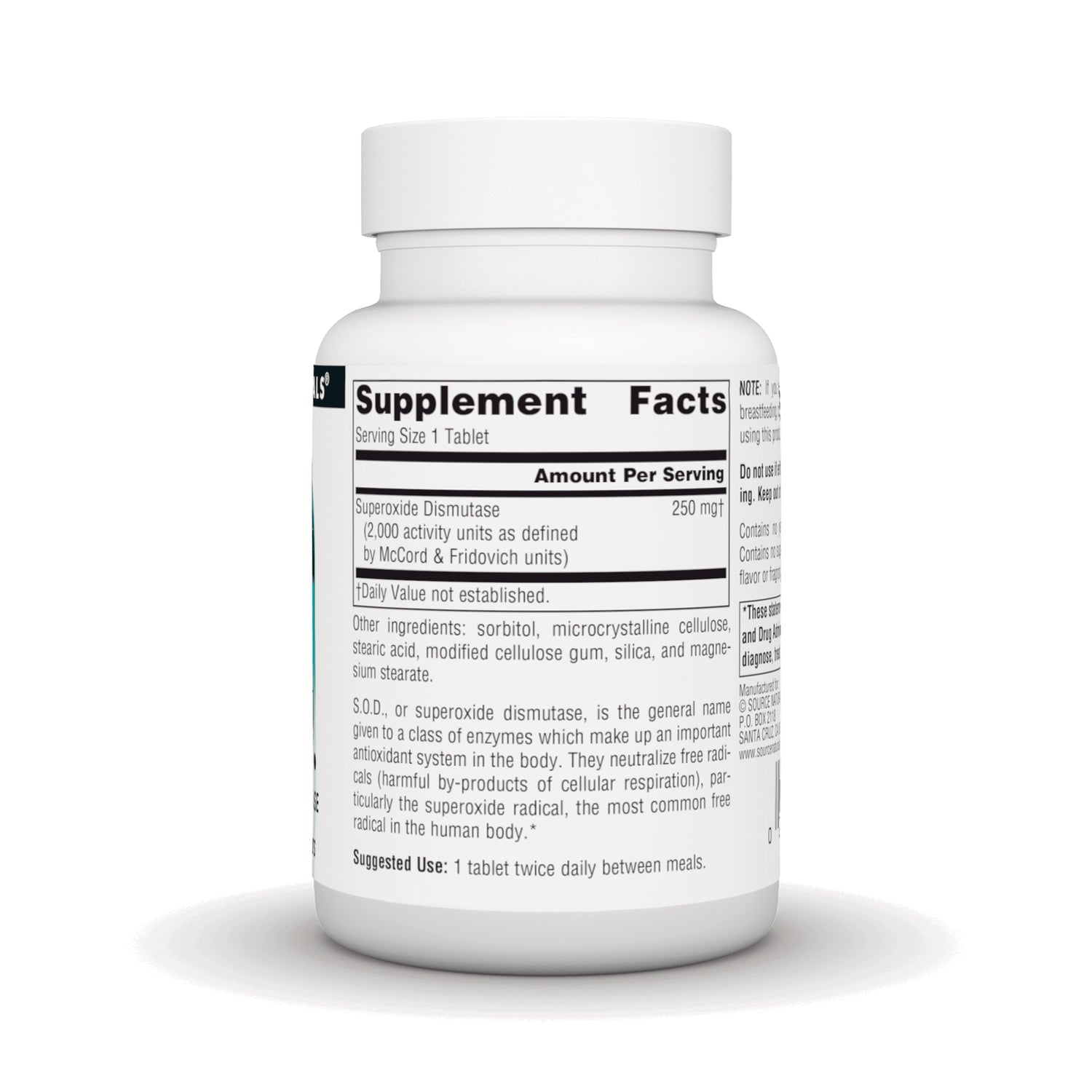SN519 | Back label with Supplement Facts, ingredients, and suggested use for Superoxide Dismutase tablets