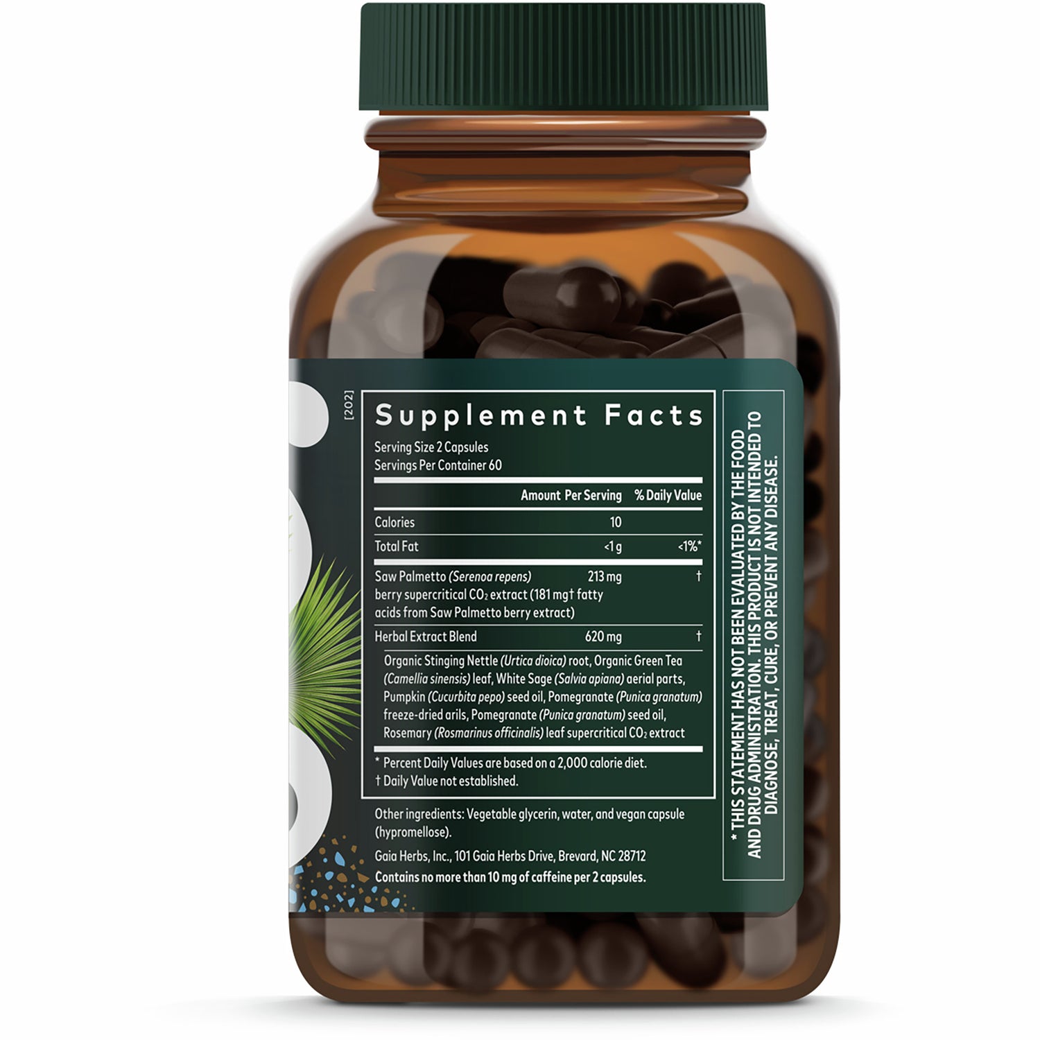 GH096 | Supplement Facts panel on back of amber bottle showing serving size, herbal extract blend and ingredients