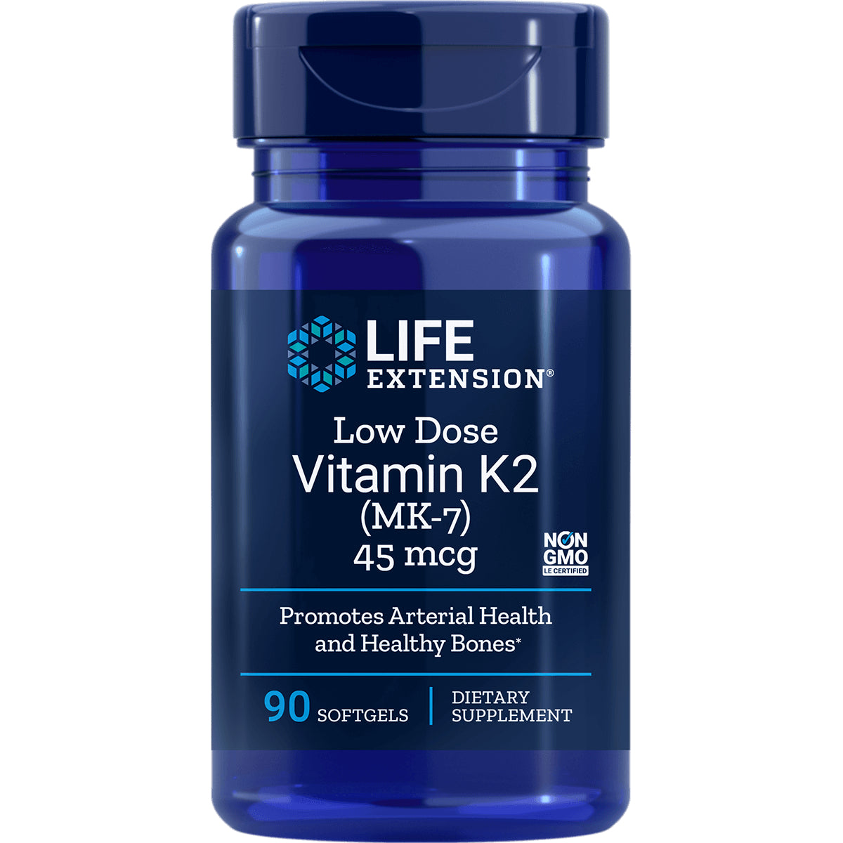 LE386 | Life Extension Low Dose Vitamin K2 (MK-7) 45 mcg blue bottle front label, 90 softgels