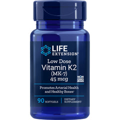 LE386 | Life Extension Low Dose Vitamin K2 (MK-7) 45 mcg blue bottle front label, 90 softgels