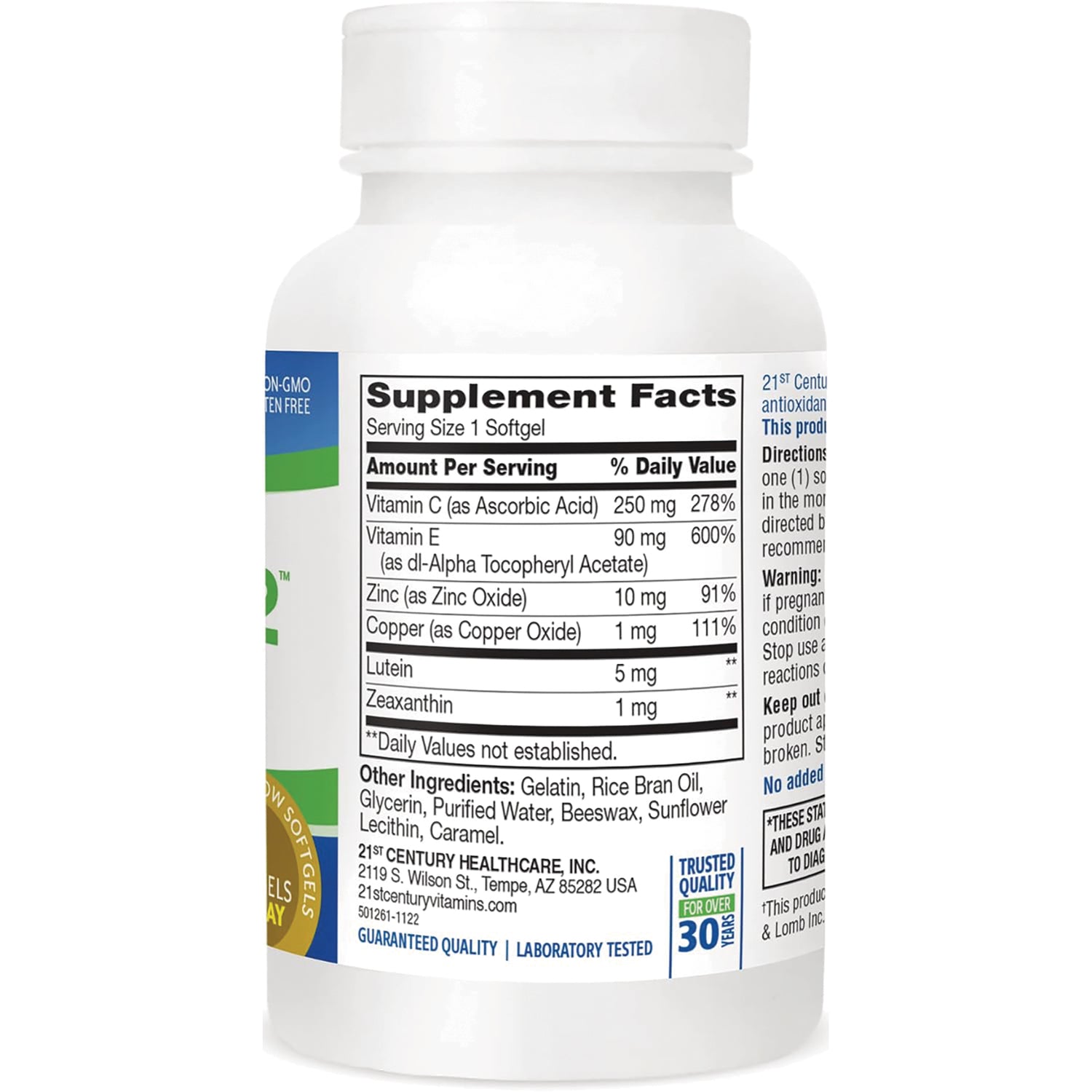 CNT269 | Back of white supplement bottle showing Supplement Facts panel listing vitamin C, vitamin E, zinc, copper and other ingredients