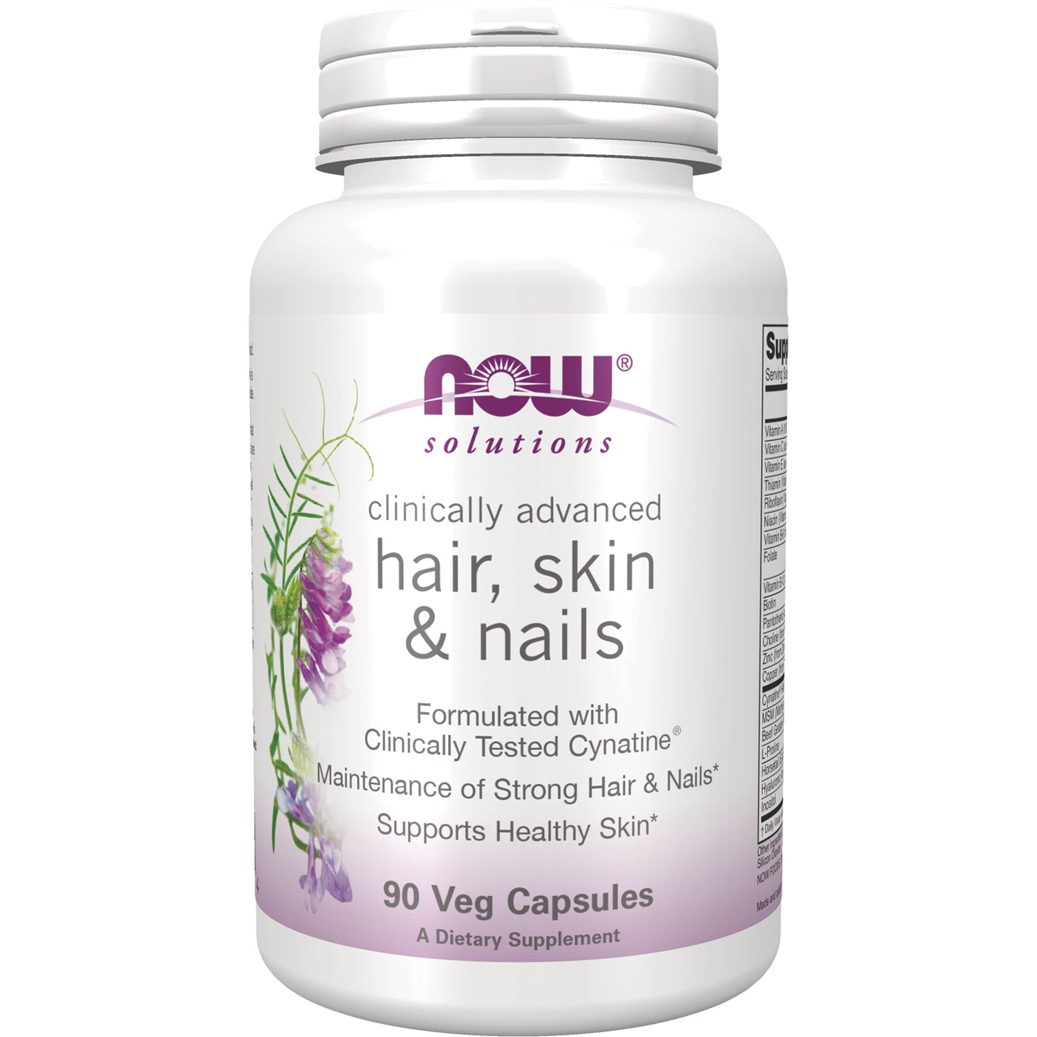 NWF1187 | White bottle of NOW Solutions hair, skin & nails supplement, 90 Veg Capsules front label
