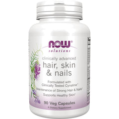 NWF1187 | White bottle of NOW Solutions hair, skin & nails supplement, 90 Veg Capsules front label