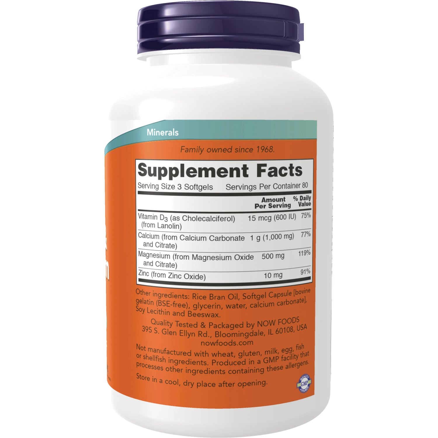 NWF294 | bottle back label showing Supplement Facts panel listing Vitamin D3, Calcium, Magnesium and Zinc