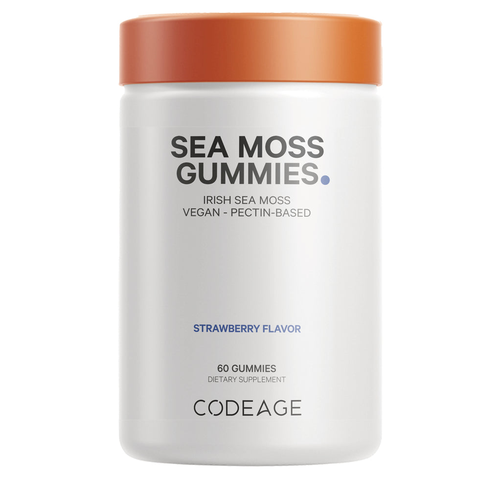 CDG034 | Front white jar with orange lid labeled SEA MOSS GUMMIES, strawberry flavor, 60 gummies, brand CODEAGE - Thumbnail