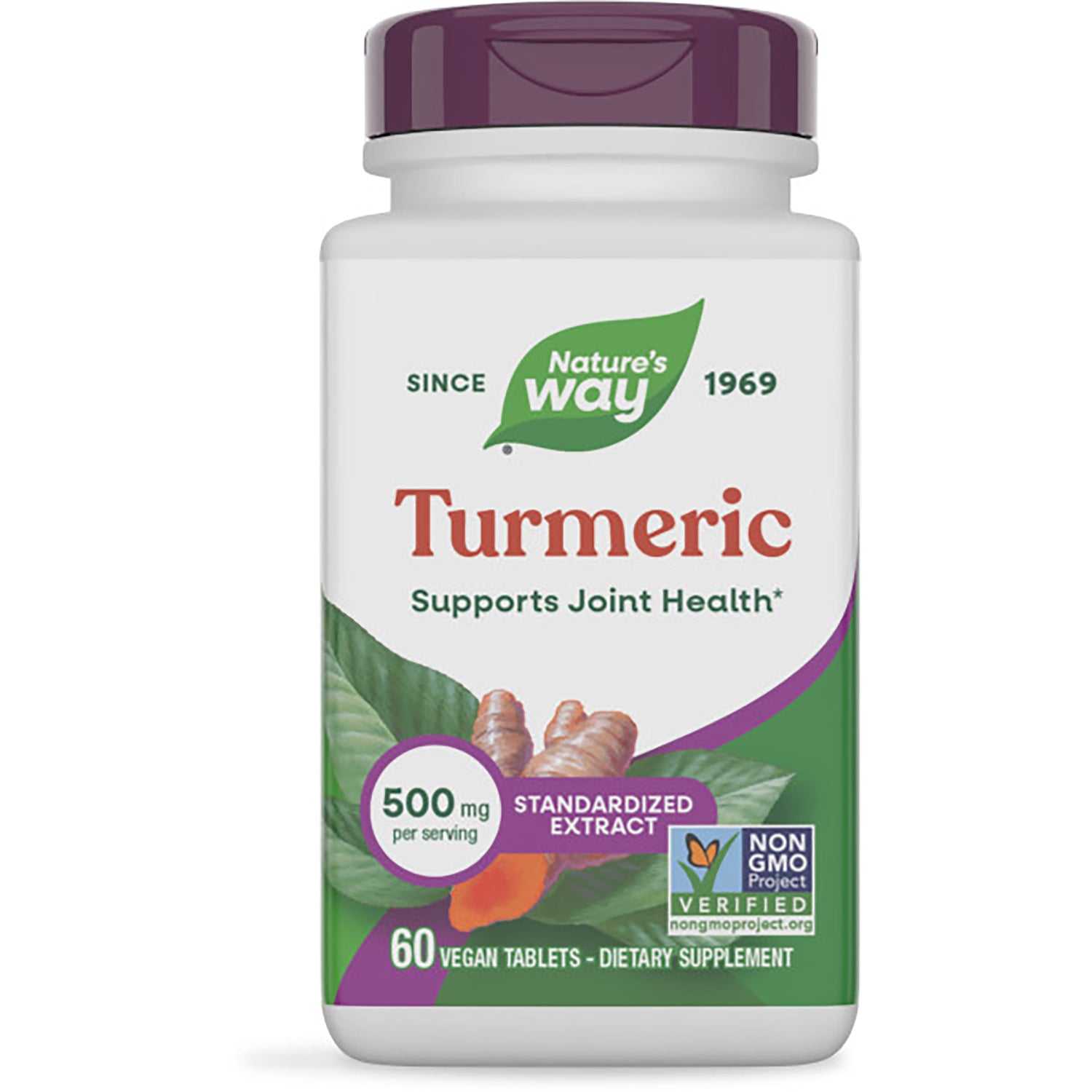 NW534 | Nature's Way Turmeric premium extract bottle front label, 60 vegan tablets, 500 mg per serving, plant powered