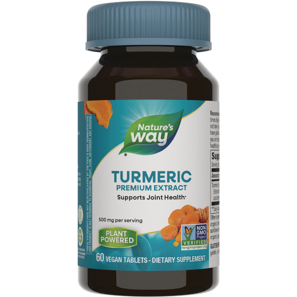 NW534 | Nature's Way Turmeric premium extract bottle front label, 60 vegan tablets, 500 mg per serving, plant powered - Thumbnail
