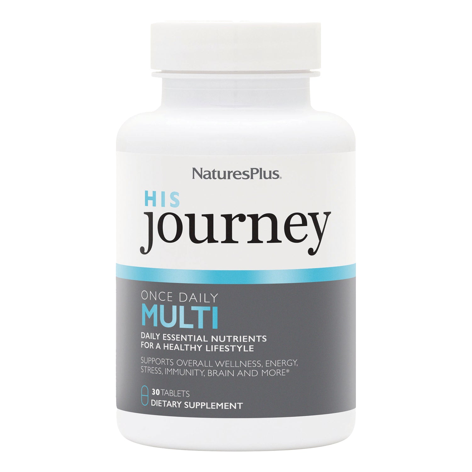 NTP351 | White supplement bottle labeled NaturesPlus His Journey Once Daily Multi, 30 tablets dietary supplement