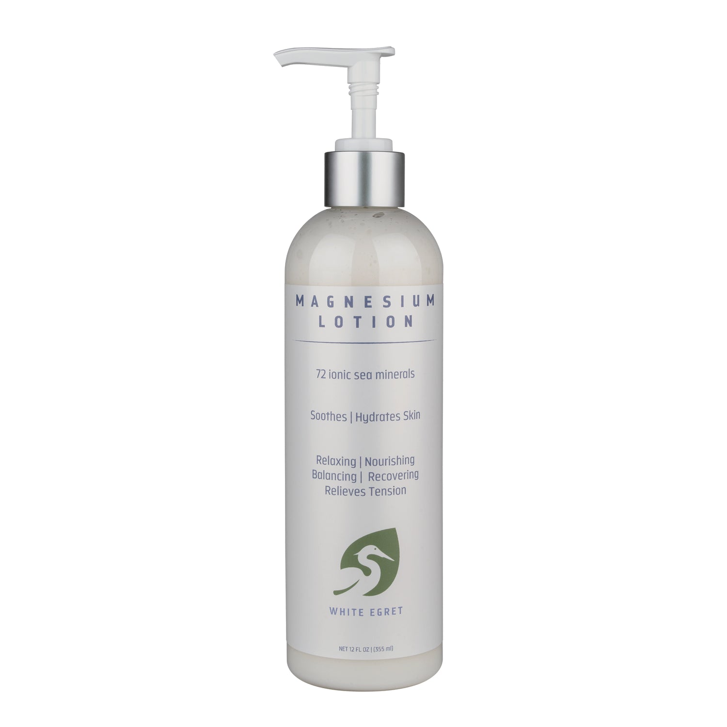 WEG039 | White Egret Magnesium Lotion pump bottle, 72 ionic sea minerals; Soothes, Hydrates Skin
