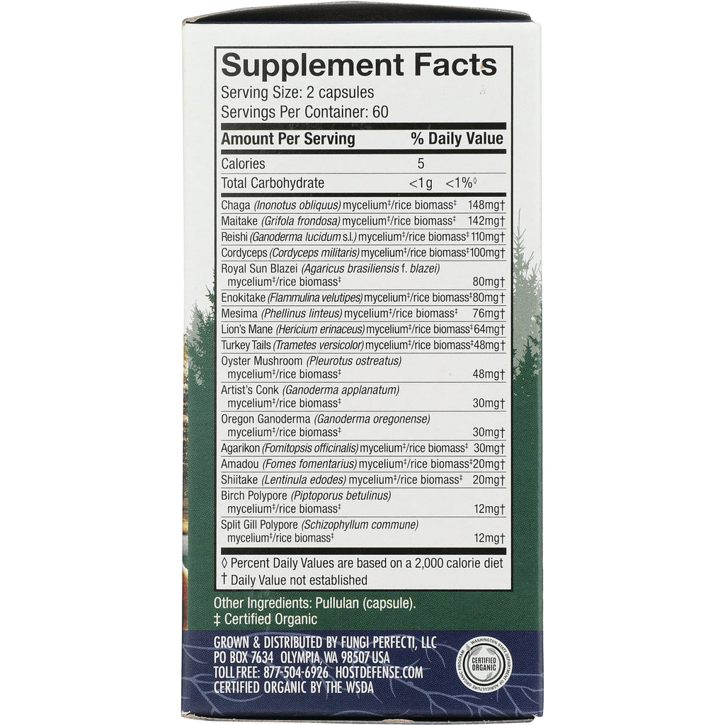 FUN003 | Supplement Facts back panel showing Serving Size 2 capsules and list of mushroom ingredients and amounts - Thumbnail