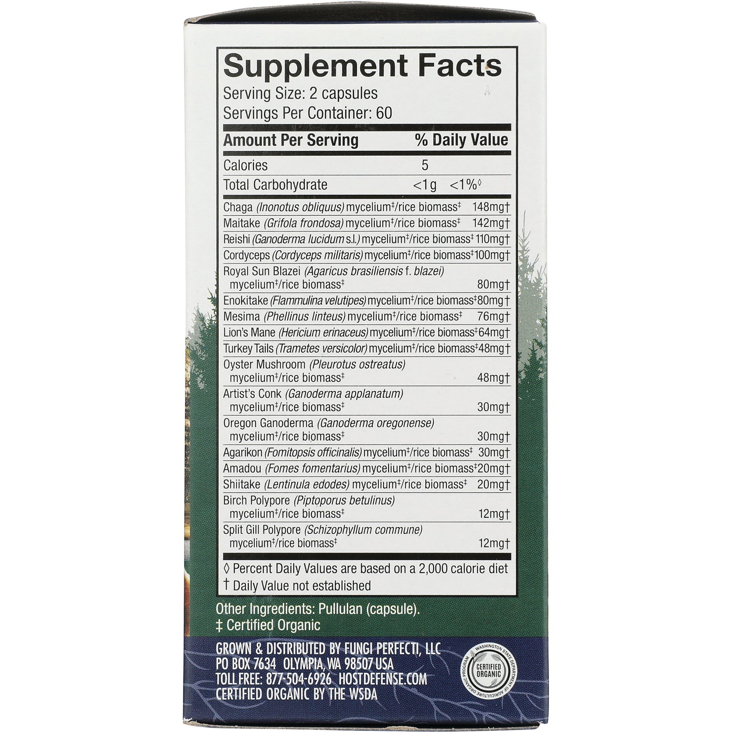 FUN003 | Supplement Facts back panel showing Serving Size 2 capsules and list of mushroom ingredients and amounts