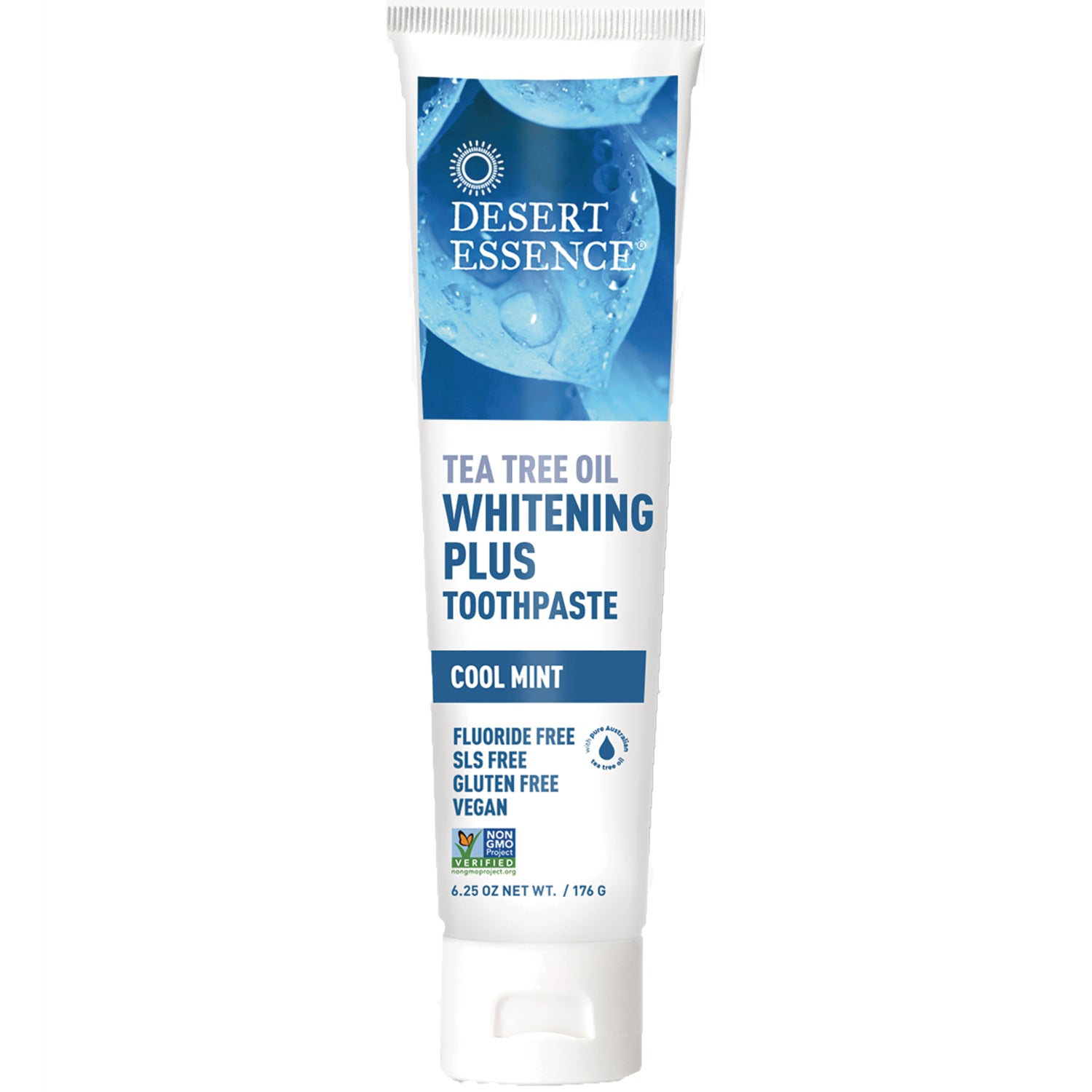 DST126 | Desert Essence Tea Tree Oil Whitening Plus toothpaste tube, Cool Mint front packaging labeled fluoride free and vegan