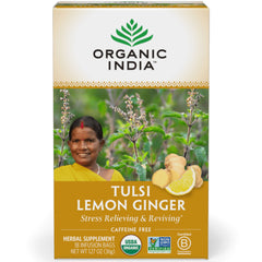 RGN006 | Organic India Tulsi Lemon Ginger tea box front with woman, ginger root and lemon slice